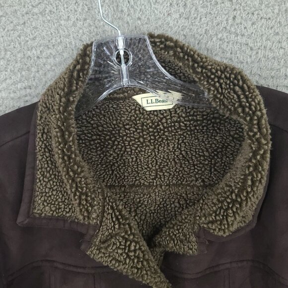 Ll Bean Jacket Womens 1x Plus Cropped Sherpa Lined Faux Suede Button Up Brown - Picture 2 of 8